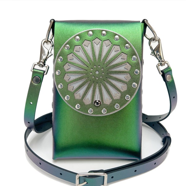 Emerald Arrow Motif Mobile Bag | Green Iridescent Cell Phone/Travel Bag | Designer Handbag | Vegan Leather Purse | Handmade in USA by Mohop