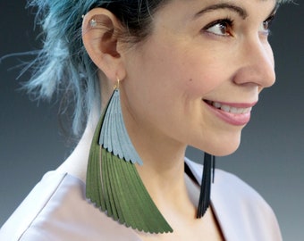 Vegan Leather Wing Fringe Earrings, Green Turquoise Jewelry, Interchangeable Earrings, Faux Leather Jewelry, Lightweight Dangle Earring