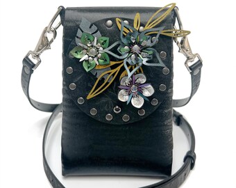 Black Chinchilla Flower Mobile Bag | Black Cell Phone and Travel Bag | Vegan | Handmade in USA by Mohop