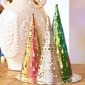 Holiday Tree Light Decorations | Christmas Lanterns | Emerald, Ruby, Bronze Vegan Leather Trees | Christmas Decor Set | Tea Lights Included