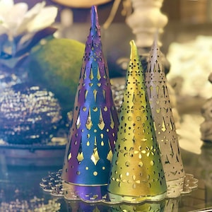 Holiday Tree Light Decorations | Christmas Lanterns | Blue, Silver, Gold Vegan Leather Trees | Christmas Decor Set | Tea Lights Included