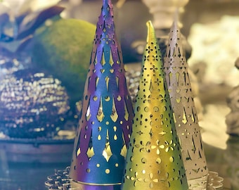 Holiday Tree Light Decorations | Christmas Lanterns | Blue, Silver, Gold Vegan Leather Trees | Christmas Decor Set | Tea Lights Included