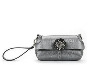 Pewter Wristlet | Silver Flower Wristlet with Removable Strap | Vegan Handbag | Made in USA by Mohop