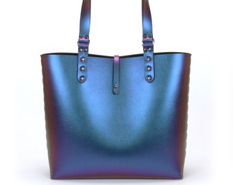 Blue Iridescent Tote Bag | Vegan Tote Bag | Peacock Iridescent Tote | Blue to Purple Vegan Leather | Lightweight | Durable | Made in USA