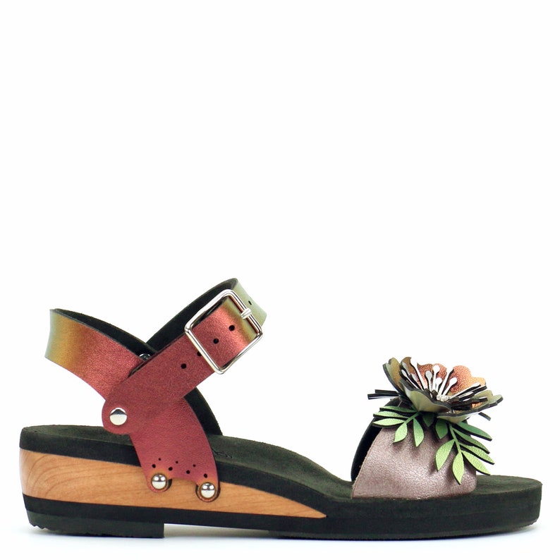 Low Wedge Flower Toe Ankle in Rose and Ruby Vegan Sandals Made in USA by Mohop image 1