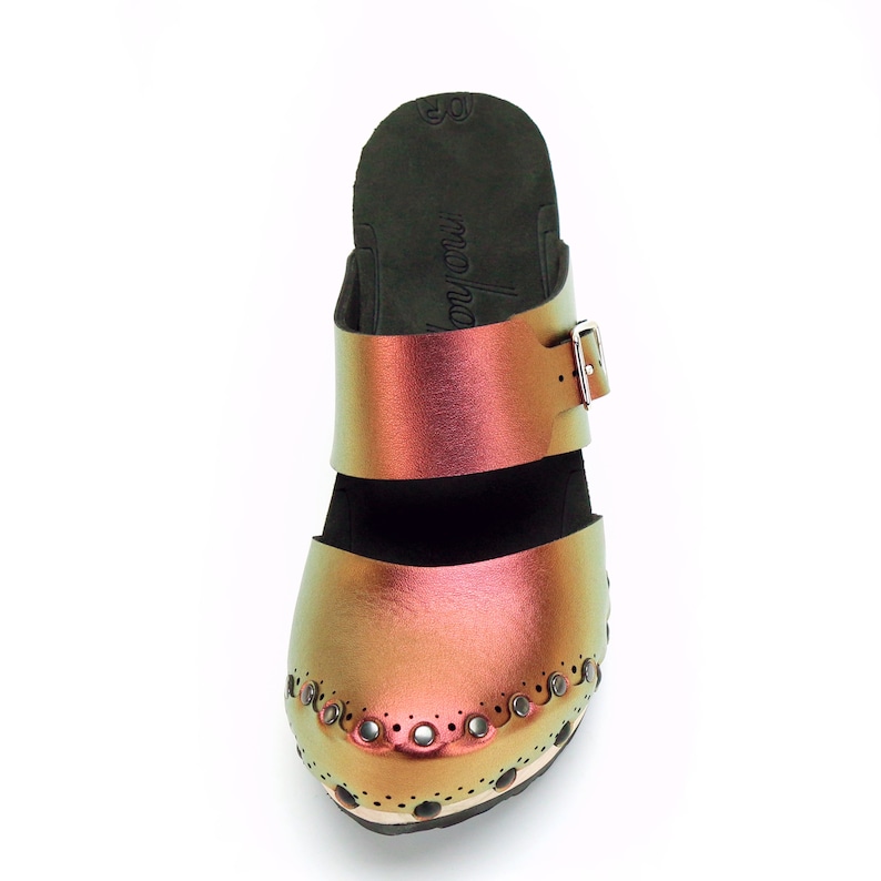 Vegan Leather Mules Red Iridescent Clogs Closed Toe Clogs Ruby High Heel Clogs High Heel Clogs Handmade Wooden Clogs Made in USA