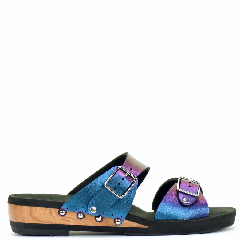 Low Wedge Buckle Toe Mule in Peacock Vegan Sandals Made in USA by Mohop image 1