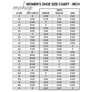 Mohop sizing chart in inches.  Sizing ranges from US size 3 to US size 15 including 1/2 sizes. Measurements for foot length and width are included.  Width portion features sizing dimensions for narrow, regular and wide width shoes.