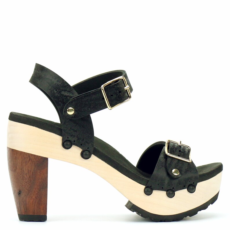 High Heel Buckle Toe Ankle in Midnight Vegan Sandals Made in USA by Mohop image 1