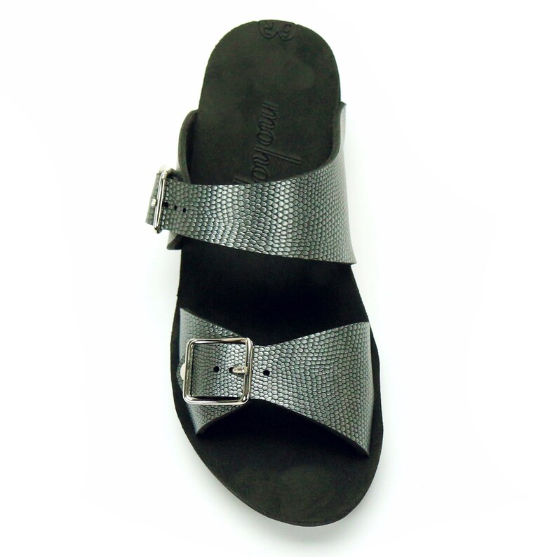 Low Wedge Buckle Toe Mule in Pewter Vegan Sandals Made in USA by Mohop image 4