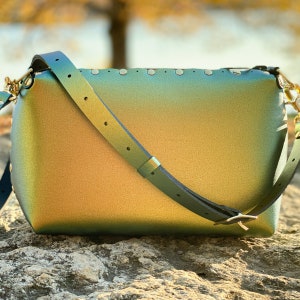Scarab Small Crossbody, Personalized Handbag, Gold Vegan Leather, Zipper Top, Outside Pocket, Shoulder Bag, Designer Handbag, Made in USA image 3