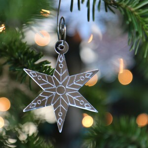 Mini Star Snowflake Ornaments, Set of 4 Christmas Ornaments, Chicago Star Snowflake, Starflake, Silver Ornaments, Etched Mirror Decor image 4