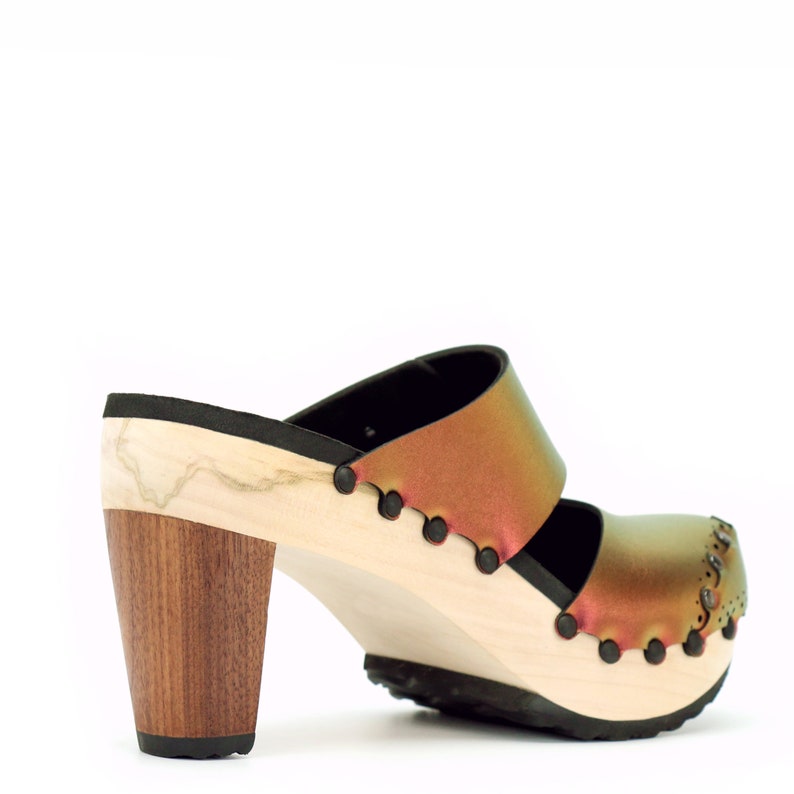 Vegan Leather Mules Red Iridescent Clogs Closed Toe Clogs Ruby High Heel Clogs High Heel Clogs Handmade Wooden Clogs Made in USA