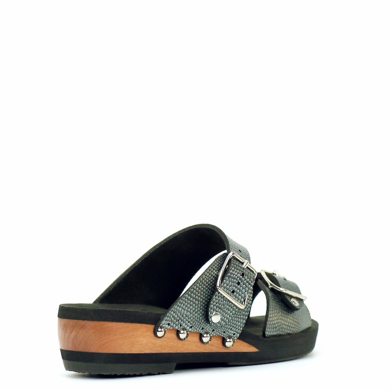 Low Wedge Buckle Toe Mule in Pewter Vegan Sandals Made in USA by Mohop image 3