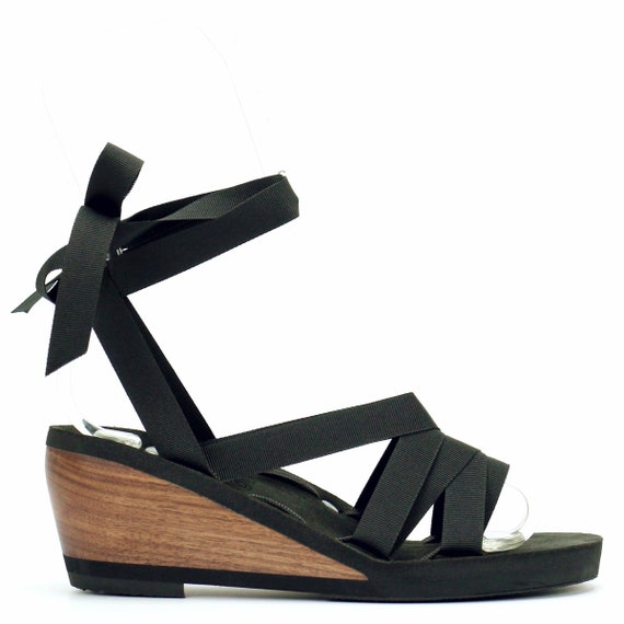 Black mid wedge sandals discount