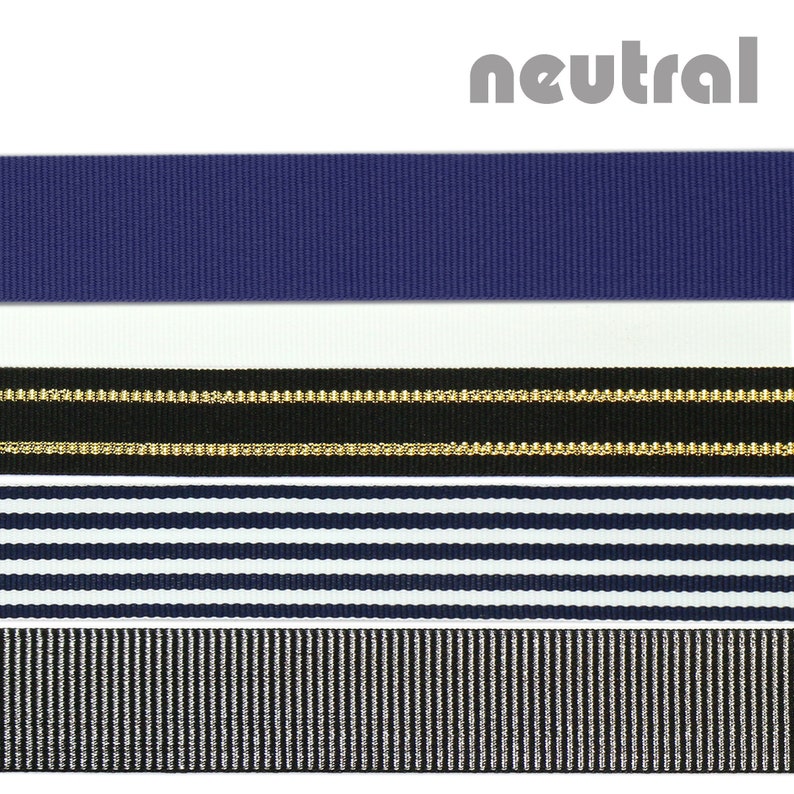 Set of 5 neutral colored ribbons.  This standard ribbon pack comes with every ribbon sandal purchased from Mohop.  Colors include Navy, Solid White, Black and Gold stripe, Navy and White stripe, and Black and Silver Metallic stripe.