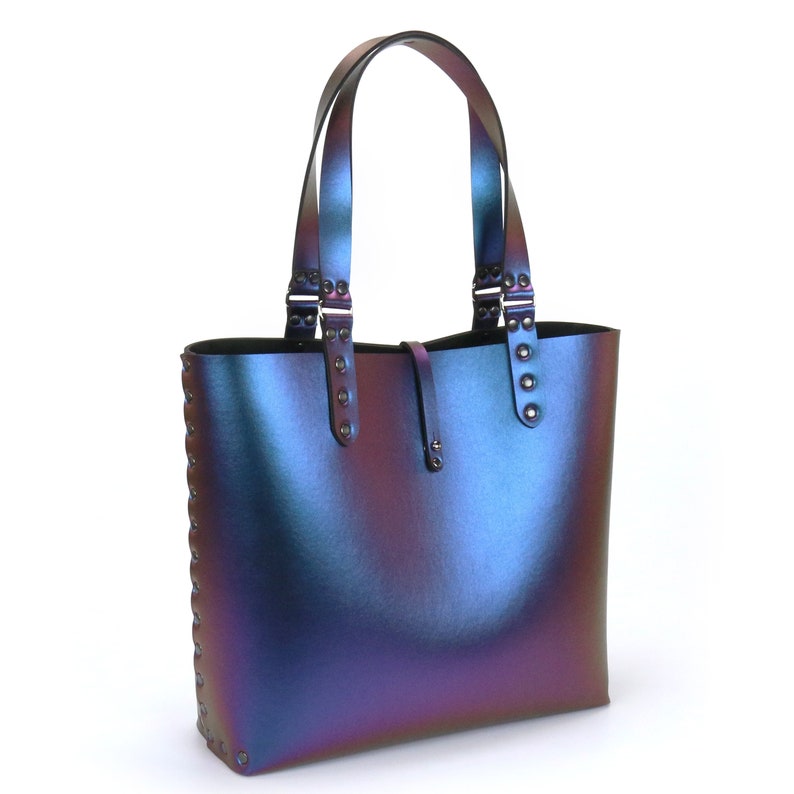 Blue Iridescent Tote Bag Vegan Tote Bag Peacock Iridescent Tote Blue to Purple Vegan Leather Lightweight Durable Made in USA image 2