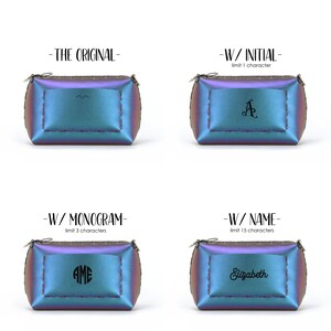 May include: A set of four iridescent cosmetic bags, each with a different design. The first bag is plain, the second has an initial, the third a monogram, and the fourth a name. The text on the image reads: "-THE ORIGINAL-", "-W/ INITIAL-", "-W/ MONOGRAM-", and "-W/ NAME-".