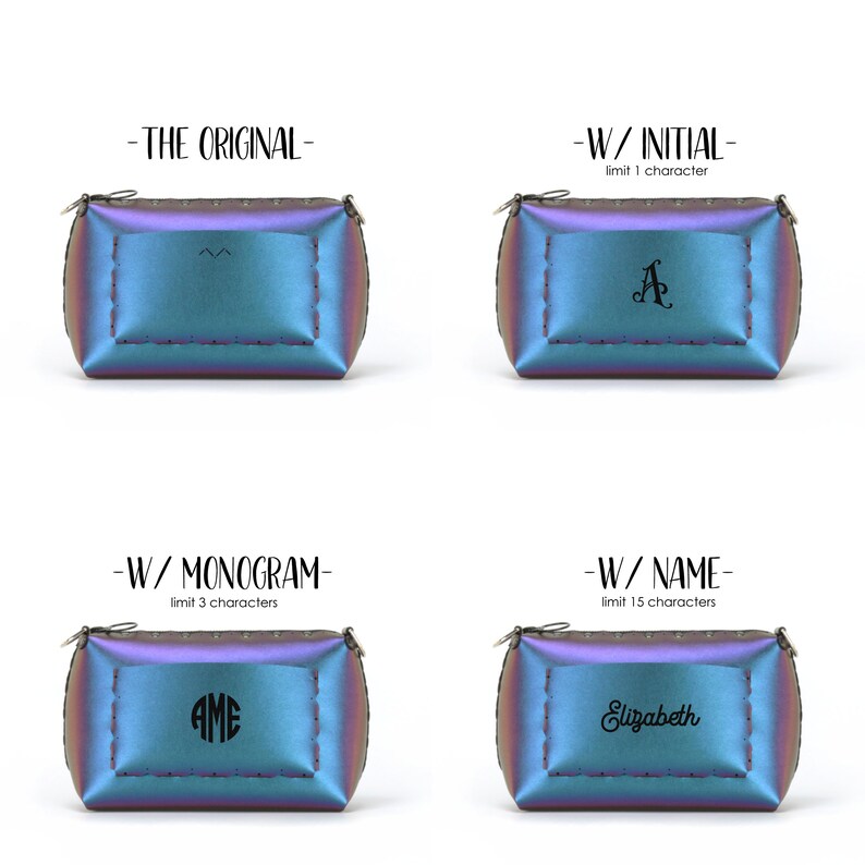 May include: A set of four iridescent cosmetic bags, each with a different design. The first bag is plain, the second has an initial, the third a monogram, and the fourth a name. The text on the image reads: "-THE ORIGINAL-", "-W/ INITIAL-", "-W/ MONOGRAM-", and "-W/ NAME-".