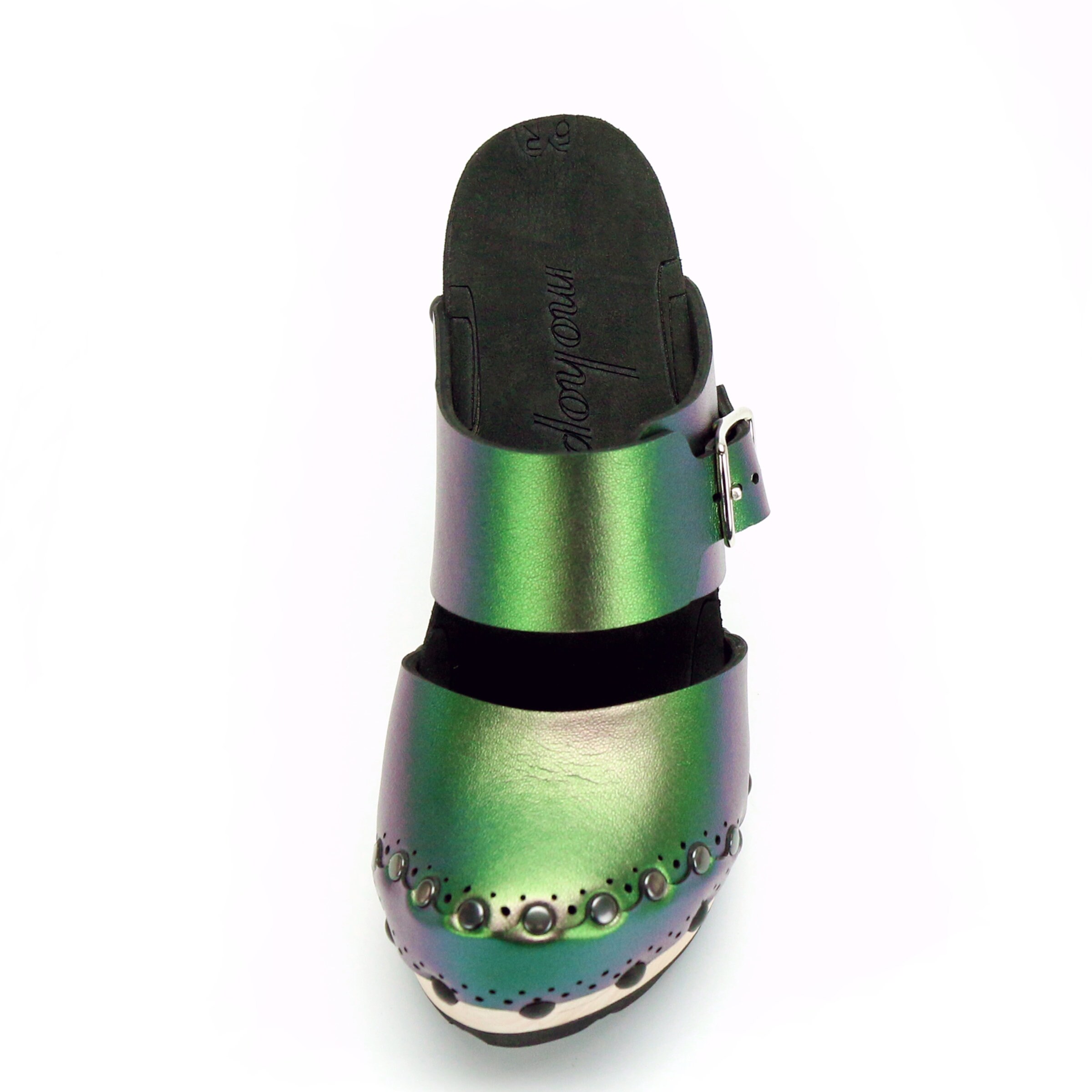 Emerald High Heel Clogs, Green Iridescent Clogs, Vegan