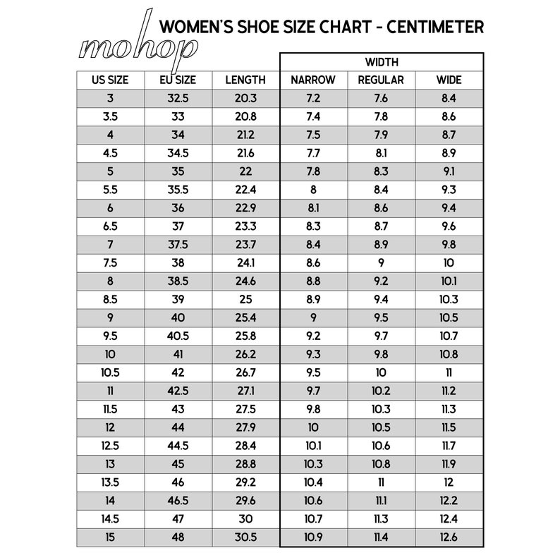 Mohop sizing chart in centimeters.  Sizing ranges from US size 3 to US size 15 including 1/2 sizes. Measurements for foot length and width are included.  Width portion features sizing dimensions for narrow, regular and wide width shoes.