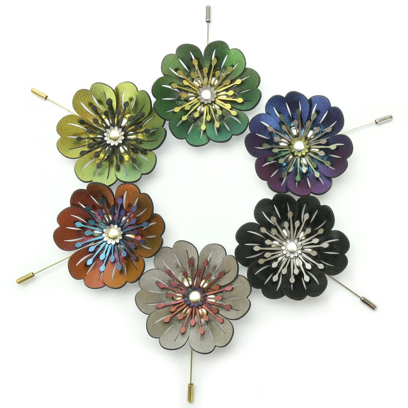 Vegan Leather Jewelry Flower Brooch Flower Stick Pin Faux Leather Flower Pin Vegan Flower Brooch Made in USA by Mohop Flower Pin