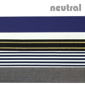 Set of 5 neutral colored ribbons.  This standard ribbon pack comes with every ribbon sandal purchased from Mohop.  Colors include Navy, Solid White, Black and Gold stripe, Navy and White stripe, and Black and Silver Metallic stripe.