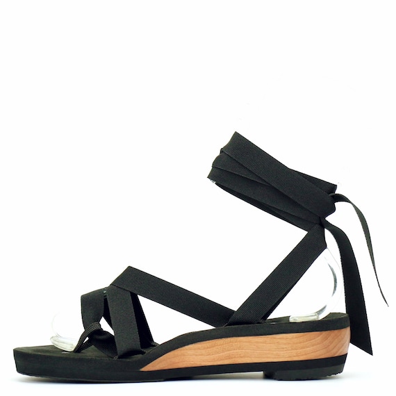 Low wedge lace shop up sandals