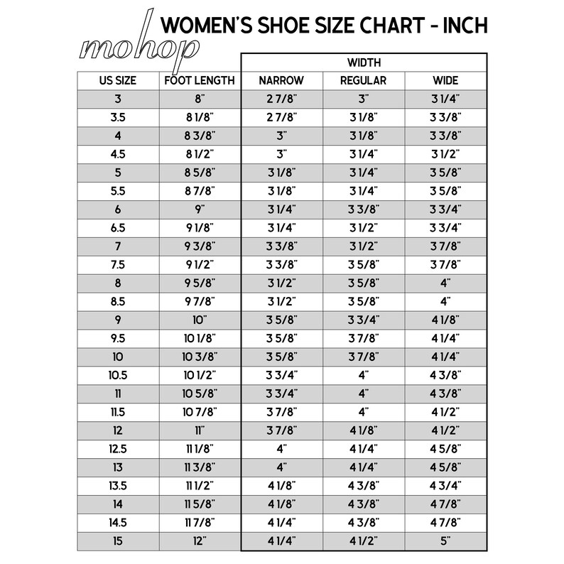 Mohop sizing chart in inches.  Sizing ranges from US size 3 to US size 15 including 1/2 sizes. Measurements for foot length and width are included.  Width portion features sizing dimensions for narrow, regular and wide width shoes.