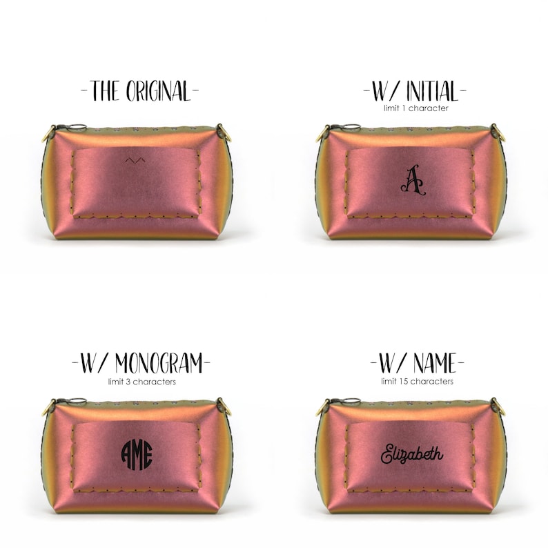 May include: Four iridescent pink and gold cosmetic bags with different personalisation options. The first bag is blank. The second bag has the initial "A" on it. The third bag has the monogram "AME" on it. The fourth bag has the name "Elizabeth" on it.