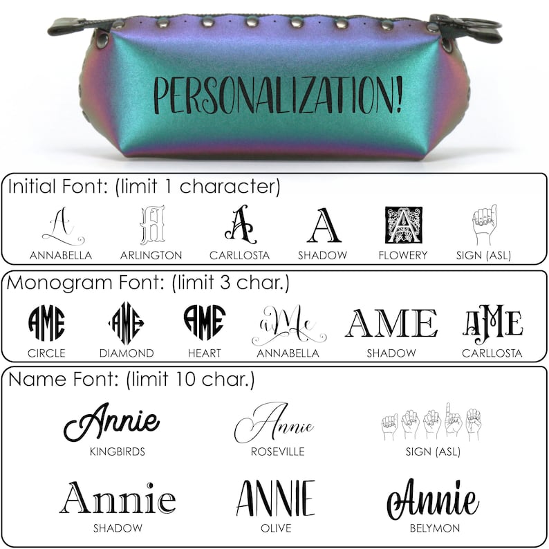 May include: A graphic showing different font options for personalisation. The fonts are shown in black on a white background. The text "PERSONALIZATION!" is shown in black on a teal background. The background is an iridescent teal and purple pencil case.