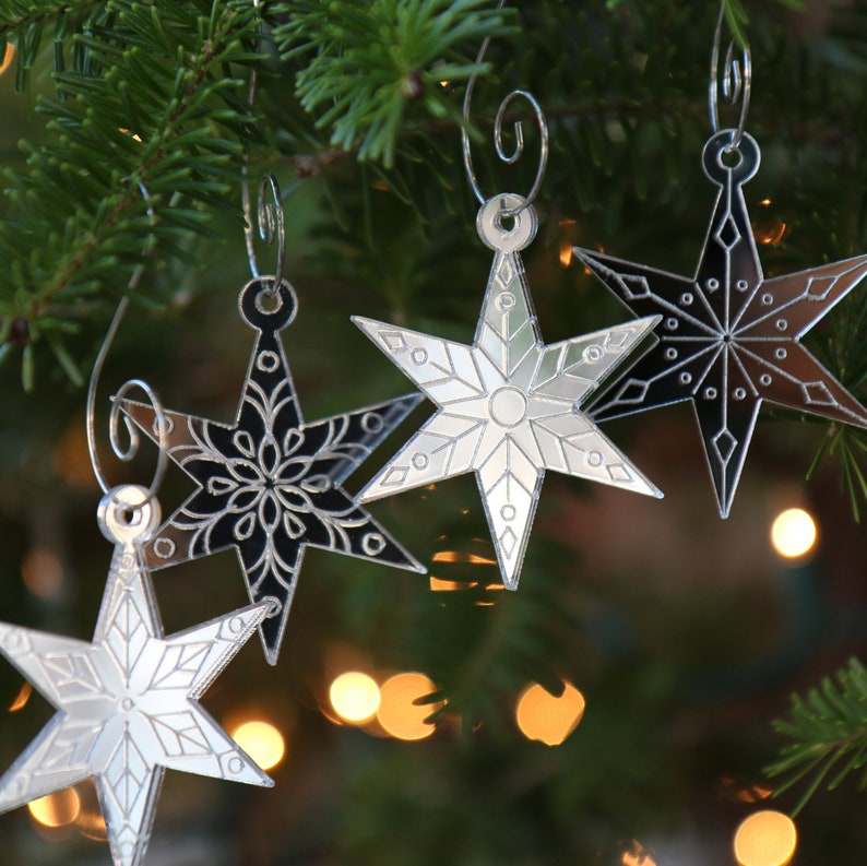 Mini Star Snowflake Ornaments, Set of 4 Christmas Ornaments, Chicago Star Snowflake, Starflake, Silver Ornaments, Etched Mirror Decor image 3