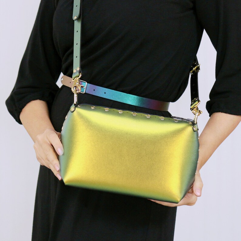 Scarab Small Crossbody, Personalized Handbag, Gold Vegan Leather, Zipper Top, Outside Pocket, Shoulder Bag, Designer Handbag, Made in USA image 2