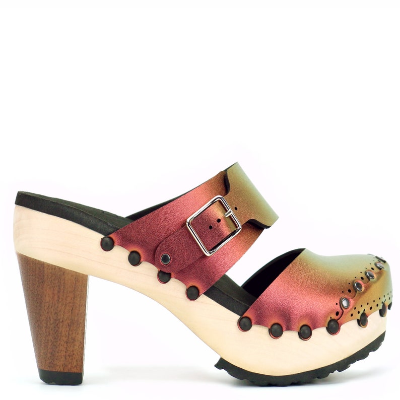 Vegan Leather Mules Red Iridescent Clogs Closed Toe Clogs Ruby High Heel Clogs High Heel Clogs Handmade Wooden Clogs Made in USA