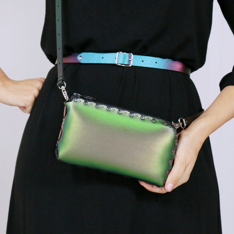 Zippered Wallet Crossbody Bag Emerald Wallet Bag Green Iridescent Bag Organizer Free Personalization Vegan Leather Large Wallet Bag