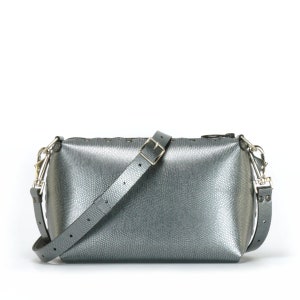 Pewter Small Crossbody Bag, Personalized Handbag, Vegan Leather, Zipper Top, Outside Pocket, Shoulder Bag, Designer Handbag, Made in USA