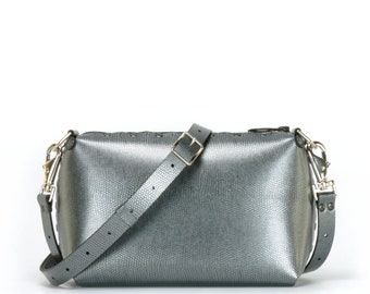 Pewter Small Crossbody Bag, Personalized Handbag, Vegan Leather, Zipper Top, Outside Pocket, Shoulder Bag, Designer Handbag, Made in USA