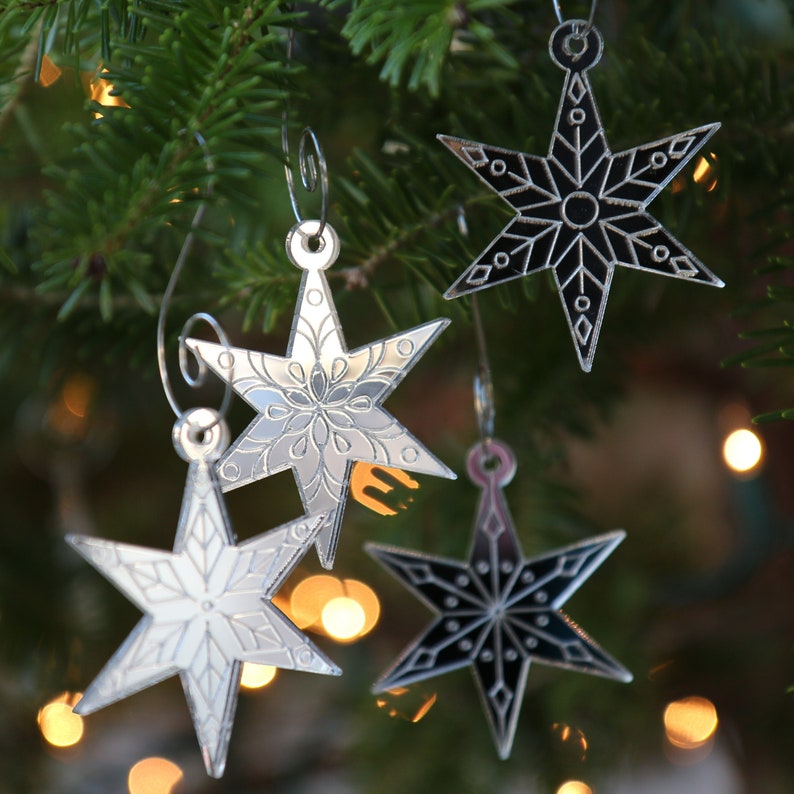 Mini Star Snowflake Ornaments, Set of 4 Christmas Ornaments, Chicago Star Snowflake, Starflake, Silver Ornaments, Etched Mirror Decor image 2
