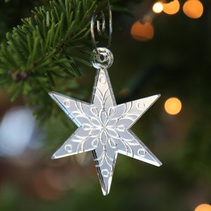 Mini Star Snowflake Ornaments, Set of 4 Christmas Ornaments, Chicago Star Snowflake, Starflake, Silver Ornaments, Etched Mirror Decor image 6