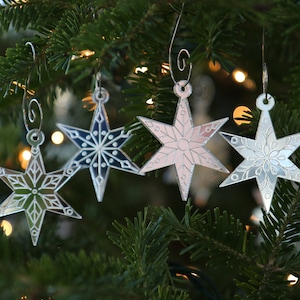 Mini Star Snowflake Ornaments, Set of 4 Christmas Ornaments, Chicago Star Snowflake, Starflake, Silver Ornaments, Etched Mirror Decor