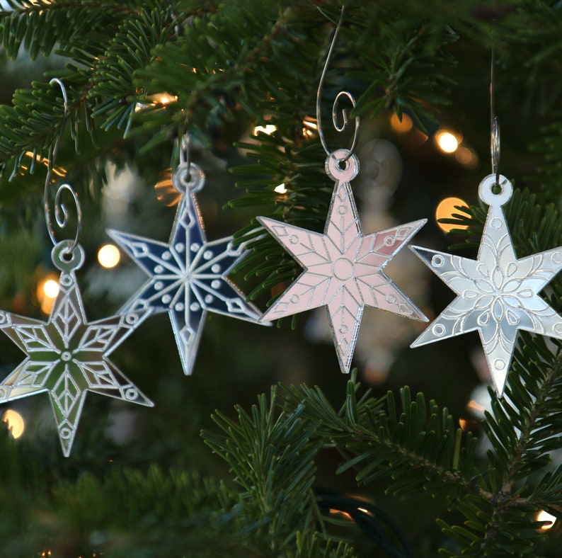 Mini Star Snowflake Ornaments, Set of 4 Christmas Ornaments, Chicago Star Snowflake, Starflake, Silver Ornaments, Etched Mirror Decor image 1