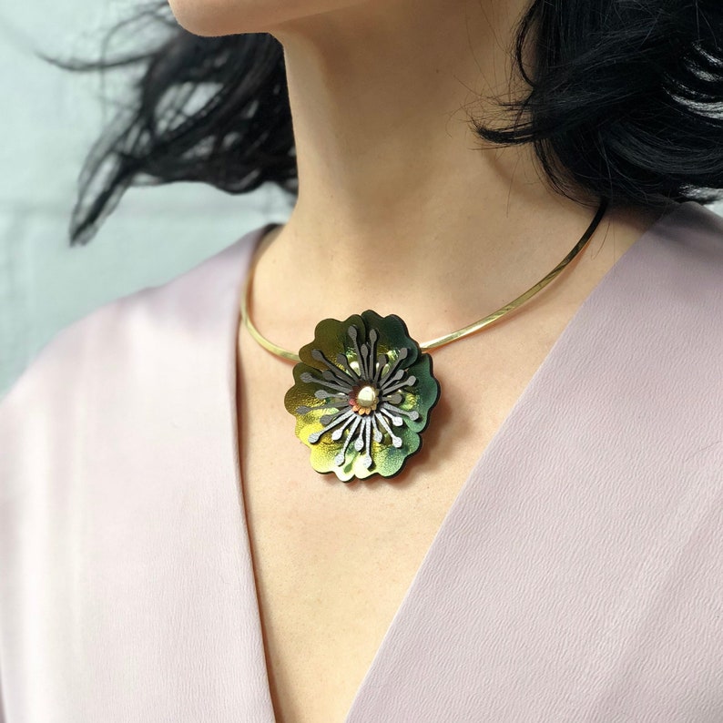 Flower Necklace, Flower Neckwire, Floral Jewelry, Faux Leather Flower Necklace, Vegan Flower Necklace Made in USA by Mohop image 1