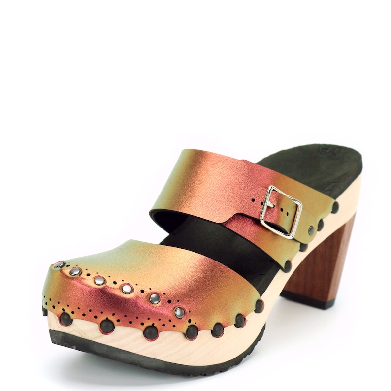 Vegan Leather Mules Red Iridescent Clogs Closed Toe Clogs Ruby High Heel Clogs High Heel Clogs Handmade Wooden Clogs Made in USA