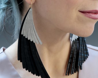 Vegan Leather Wing Fringe Earrings, Black Silver Jewelry, Interchangeable Earrings, Faux Leather Feather Jewelry, Lightweight Dangle Earring