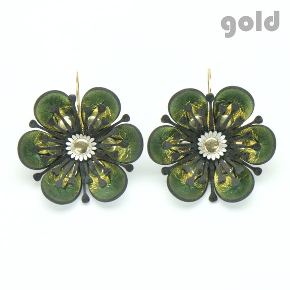 Boucles D'oreilles Fleur Cloutées Vert émeraude - Cubique Zirconium, Plaqué Argent