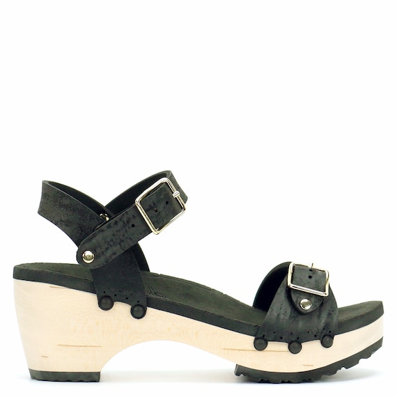 Black Mid Ankle Clog Sandals Black Ankle Strap With Buckle Toe