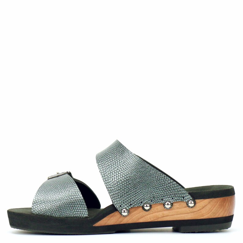 Low Wedge Buckle Toe Mule in Pewter Vegan Sandals Made in USA by Mohop image 2