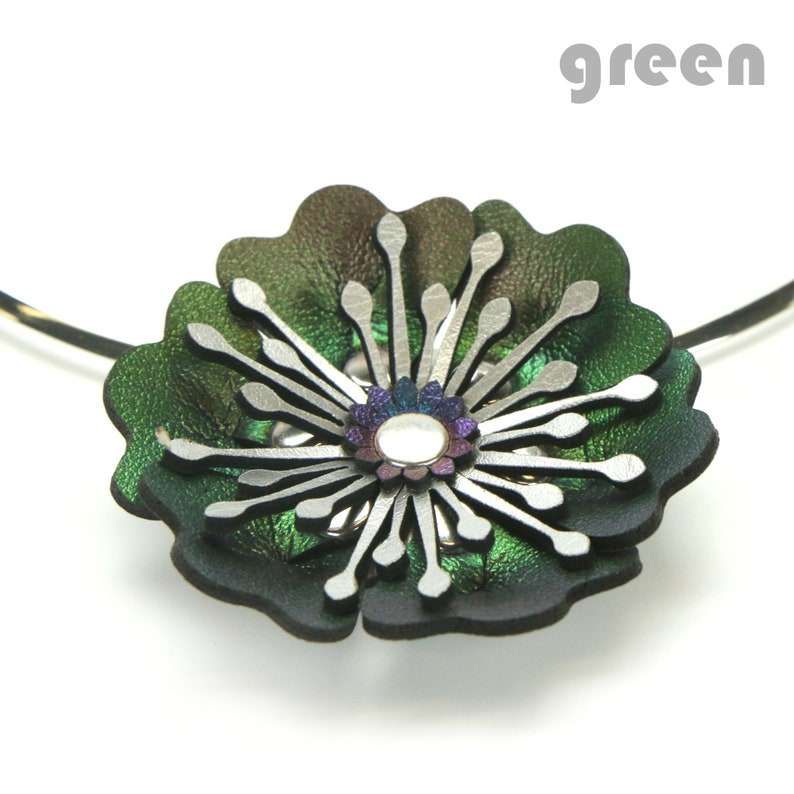 Flower Necklace, Flower Neckwire, Floral Jewelry, Faux Leather Flower Necklace, Vegan Flower Necklace Made in USA by Mohop Green