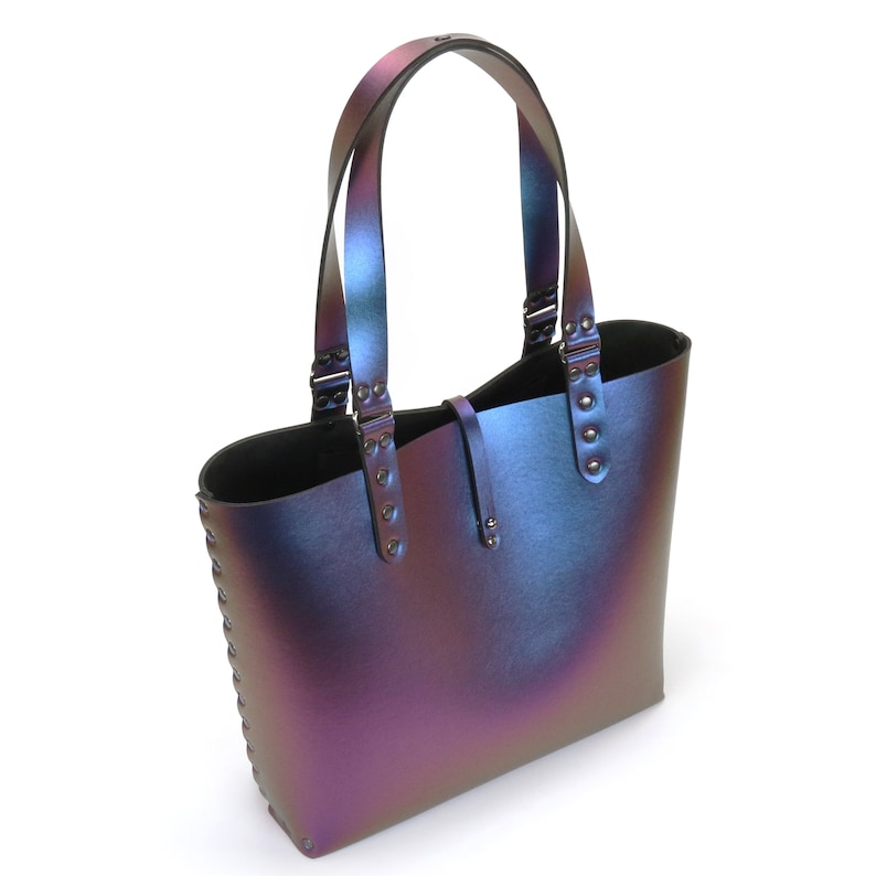 Blue Iridescent Tote Bag Vegan Tote Bag Peacock Iridescent Tote Blue to Purple Vegan Leather Lightweight Durable Made in USA image 7