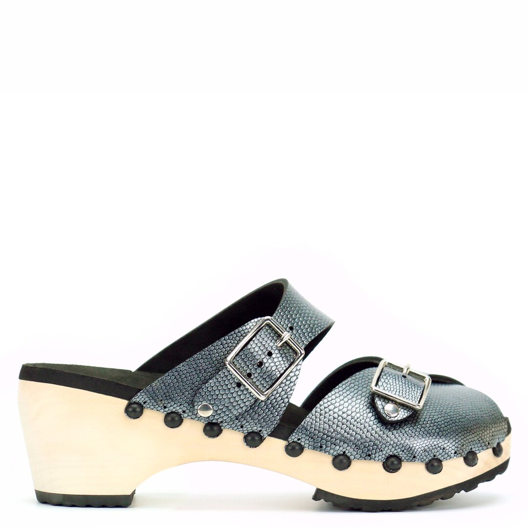 Pewter Peep Toe Clogs, Dark Silver Mules, Mid Heel Peep Toe